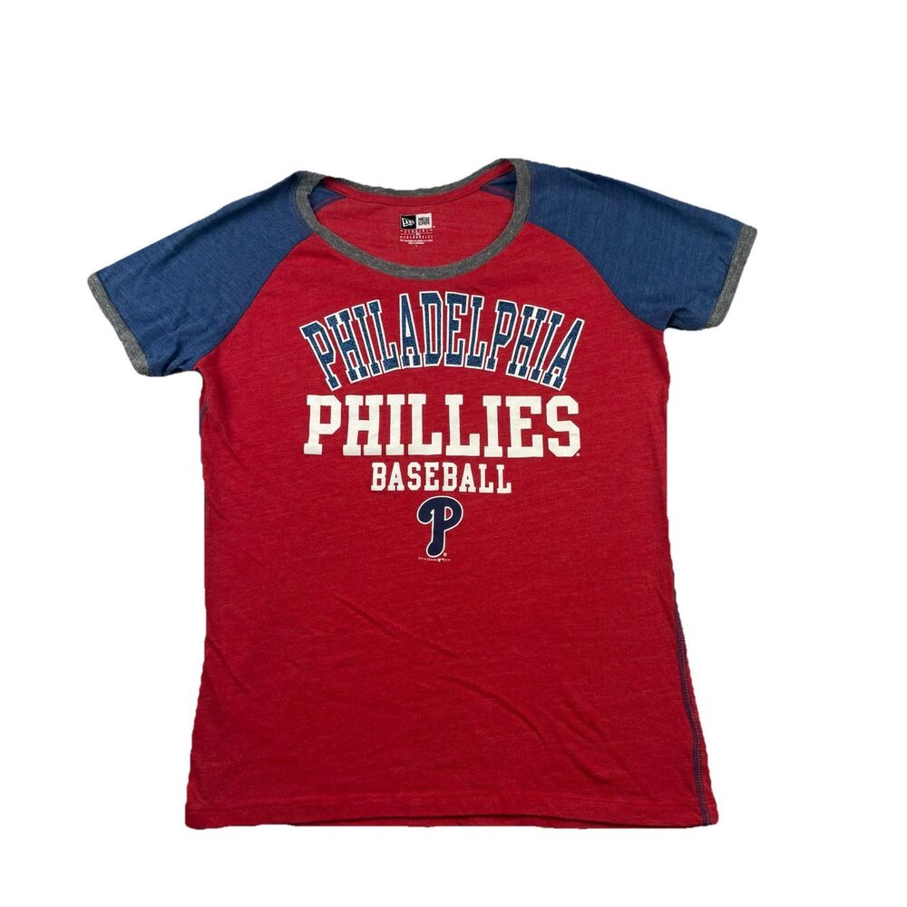 Philadelphia Phillies MLB New Era T Shirt Raglan Colorblock Womens L Red Glitter